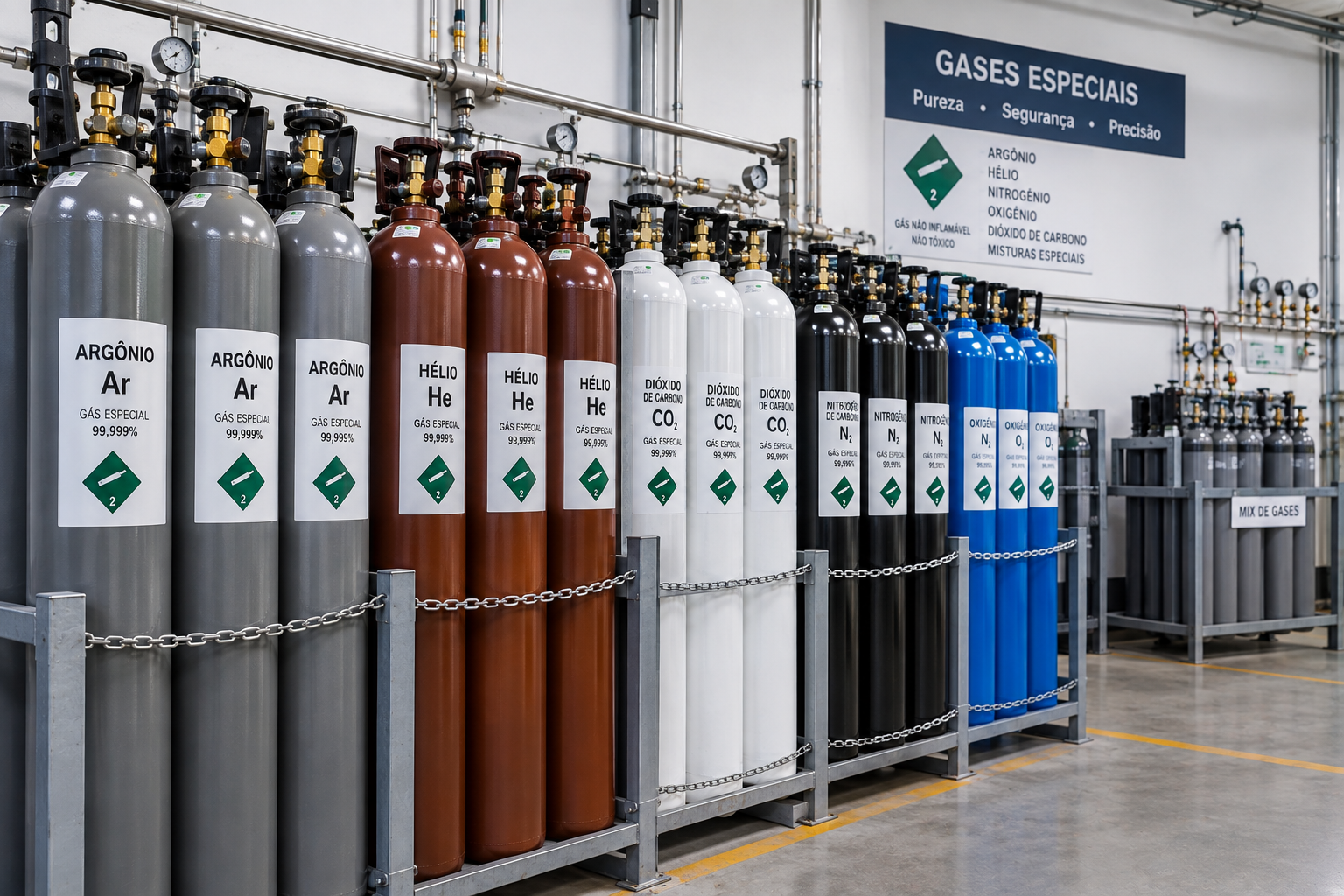 Cilindros de gases especiais: argônio, hélio, CO₂, nitrogênio e oxigênio de alta pureza