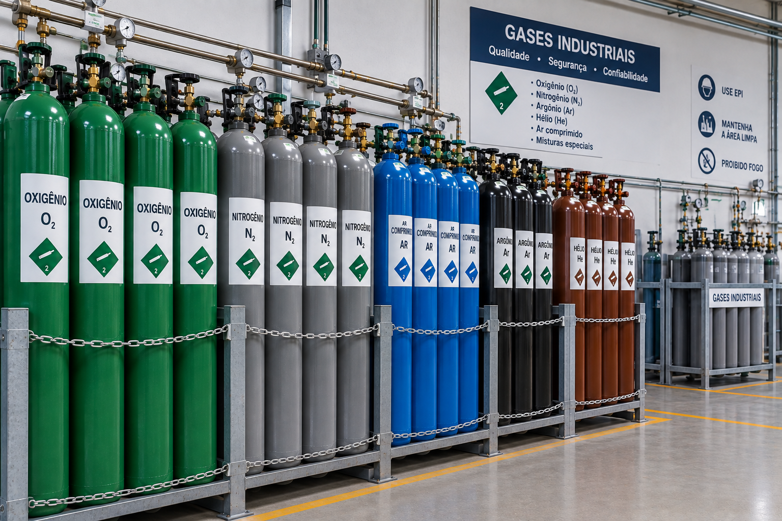 Cilindros de gases industriais: oxigênio, nitrogênio, ar comprimido, argônio e hélio