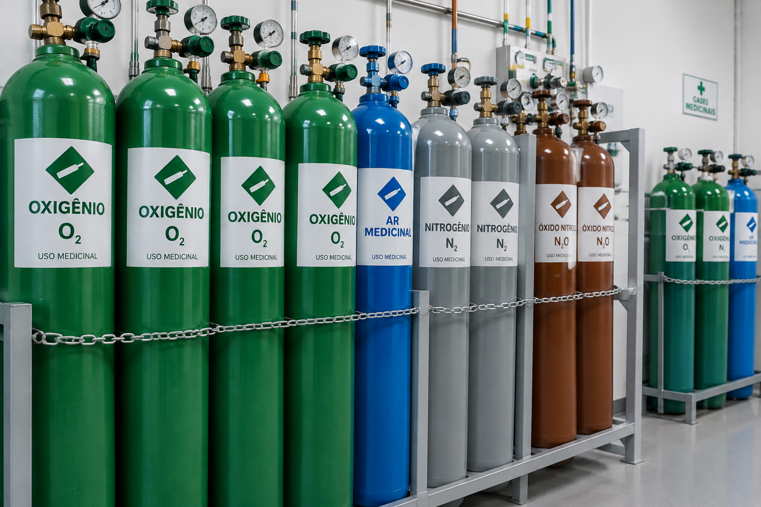 Cilindros de gases medicinais: oxigênio, ar medicinal, nitrogênio e óxido nitroso para uso hospitalar